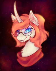 Size: 511x649 | Tagged: oc name needed, safe, artist:metalcoward, derpibooru import, oc, oc only, pony, unicorn, bust, clothes, curved horn, fangs, glasses, heterochromia, horn, lip piercing, lip ring, round glasses, scarf, slit eyes, solo, space background