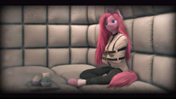 Size: 9600x5400 | Tagged: safe, artist:imafutureguitarhero, derpibooru import, pinkie pie, anthro, earth pony, unguligrade anthro, 3d, absurd file size, absurd resolution, asylum, big ears, black bars, blurry, cargo pants, cheek fluff, chromatic aberration, clothes, colored eyebrows, colored eyelashes, cup, cupcake, cute little fangs, detailed hair, dirty lens, ear fluff, ears, fangs, female, film grain, floppy ears, fluffy, food, frown, fur, hoof fluff, hooves, implied insanity, isolation, leg wraps, lidded eyes, long hair, long mane, mare, messy hair, messy mane, messy tail, neck fluff, nose fluff, nose wrinkle, padded cell, paintover, pants, paper cup, pinkamena diane pie, restrained, revamped anthros, revamped ponies, sad, scruffy, signature, sitting, sitting on floor, solo, source filmmaker, straitjacket, tail, teeth, tray, vignette, wall of tags