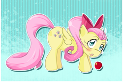 Size: 553x369 | Tagged: safe, artist:stalemeat, derpibooru import, fluttershy, pegasus, pony, :o, abstract background, alternate hairstyle, apple, blushing, bow, female, food, hair bow, mare, open mouth, wings