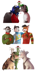 Size: 1827x3605 | Tagged: safe, artist:royvdhel-art, derpibooru import, oc, oc only, anthro, fox, pegasus, pony, anthro with ponies, antlers, blushing, bust, clothes, commission, crossed arms, kissing, mistletoe, oc x oc, pegasus oc, shipping, simple background, sweater, white background, wings, ych result