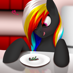 Size: 2523x2500 | Tagged: safe, artist:skanim-sdw, derpibooru import, oc, oc only, oc:darky wings, earth pony, pegasus, pony, commission, female, females only, fetish, heart, high res, hooves, kitchen, licking, licking lips, looking down, lying down, macro, macro/micro, micro, on back, tongue, tongue out, vore