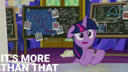 Size: 1280x720 | Tagged: safe, derpibooru import, edit, edited screencap, editor:quoterific, screencap, twilight sparkle, twilight sparkle (alicorn), alicorn, pony, season 9, sparkle's seven, chalkboard, cutie map, ears, female, floppy ears, mare, open mouth, solo, twilight's castle