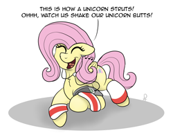 Size: 2400x1876 | Tagged: safe, artist:pony-thunder, derpibooru import, fluttershy, my little pony: a new generation, butt, comic, earbuds, fit right in (g5), fitness, music notes, simple background, singing, solo, watch us shake our unicorn butts, white background