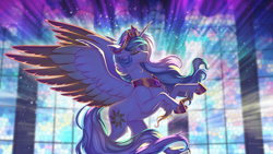 Size: 2500x1406 | Tagged: safe, artist:redchetgreen, artist:taneysha, derpibooru import, princess celestia, alicorn, pony, eyes closed, female, mare, rearing, solo, spread wings, stained glass, unshorn fetlocks, wings