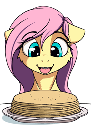 Size: 1390x1913 | Tagged: safe, artist:alcor, derpibooru import, fluttershy, pegasus, pony, cheek fluff, cute, ears, eye clipping through hair, eyebrows, eyebrows visible through hair, eyes on the prize, female, floppy ears, food, looking at something, looking down, mare, open mouth, open smile, pancakes, pink mane, shyabetes, simple background, sketch, smiling, solo, transparent background