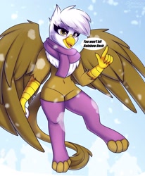 Size: 1698x2063 | Tagged: safe, artist:shadowreindeer, derpibooru import, gilda, anthro, griffon, belly button, clothes, female, implied rainbow dash, leggings, scarf, snow, stockings, thigh highs