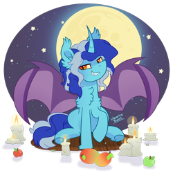 Size: 2200x2200 | Tagged: safe, artist:liquorice_sweet, derpibooru import, oc, oc only, oc:rain bright, bat pony, pony, apple, candle, chest fluff, food, halloween, high res, holiday, male, mango, moon, night, simple background, solo, stars, transparent background