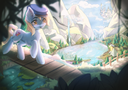 Size: 4093x2894 | Tagged: safe, artist:hikerumin, derpibooru import, oc, oc only, earth pony, pony, bridge, canterlot, chest fluff, commission, fence, lake, lilypad, mountain, river, scenery, solo, stream, waterfall