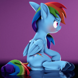 Size: 2037x2036 | Tagged: safe, artist:psfmer, derpibooru import, rainbow dash, pegasus, pony, 3d, blushing, butt, dock, female, high res, looking away, mare, plot, rainbutt dash, simple background, sitting, source filmmaker, tail, tsunderainbow, tsundere, unshorn fetlocks, wings