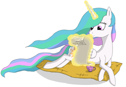 Size: 2592x1803 | Tagged: safe, artist:mrtank667, derpibooru import, princess celestia, alicorn, pony, cup, letter, magic, magic aura, pillow, reading, simple background, solo, teacup, white background