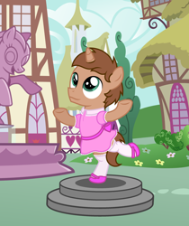 Size: 2492x2965 | Tagged: safe, artist:peternators, derpibooru import, oc, oc only, oc:heroic armour, pony, unicorn, clothes, colt, crossdressing, dress, high res, house, looking up, male, mary janes, pedestal, ponyville, pose, ribbon, shoes, sissy, smiling, socks, standing, standing on one leg, statue, thigh highs
