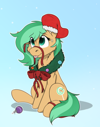 Size: 1744x2208 | Tagged: safe, artist:rokosmith26, derpibooru import, oc, oc only, oc:minty pop, earth pony, pony, bow, cheek fluff, chest fluff, christmas, christmas stocking, christmas wreath, commission, ears, earth pony oc, female, floppy ears, gradient background, holiday, looking up, mare, one ear down, raised hoof, raised leg, ribbon, simple background, sitting, smiling, solo, sweat, sweatdrop, tail, tongue, tongue out, wreath, ych result