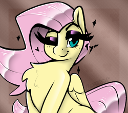 Size: 2248x1984 | Tagged: safe, artist:llametsul, derpibooru import, fluttershy, pegasus, pony, bust, chest fluff, eyeshadow, female, fluffy, looking at you, makeup, mare, one eye closed, solo, wink, winking at you