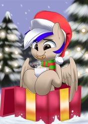 Size: 1280x1807 | Tagged: safe, artist:joaothejohn, derpibooru import, oc, oc only, pegasus, chocolate, christmas, clothes, commission, cookie, cute, food, forest, holiday, hot chocolate, pegasus oc, present, scarf, smiling, snow, solo, tree, wings, your character here