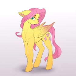 Size: 3000x3000 | Tagged: safe, artist:galinn-arts, derpibooru import, fluttershy, pegasus, pony, female, gradient background, gradient wings, high res, looking at you, looking sideways, mare, simple background, solo