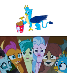 Size: 926x1017 | Tagged: safe, derpibooru import, editor:horsesplease, gallus, ocellus, sandbar, silverstream, smolder, yona, dragon, earth pony, hippogriff, yak, cannibalism, gallus the rooster, gallusposting, irony, kfc, meme, shocked, student six