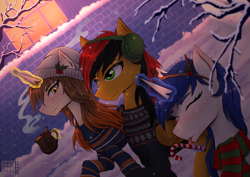 Size: 4961x3508 | Tagged: safe, artist:alicetriestodraw, derpibooru import, oc, oc:mysza, oc:paintbrush, oc:rily, pegasus, unicorn, candy, candy cane, christmas, christmas sweater, clothes, ear warmers, female, food, freckles, friends, happy, holiday, holly, mulled wine, scarf, snow, sweater, tree branch, trio, trio female, walking, winter