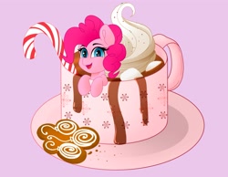 Size: 3333x2580 | Tagged: safe, artist:rand-dums, derpibooru import, pinkie pie, earth pony, pony, candy, candy cane, chocolate, cup of pony, female, food, high res, hot chocolate, mare, marshmallow, micro, mug, whipped cream