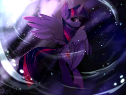 Size: 1253x949 | Tagged: safe, artist:rainbowgirlyt, derpibooru import, twilight sparkle, twilight sparkle (alicorn), alicorn, pony, curved horn, female, horn, looking back, solo, spread wings, wings