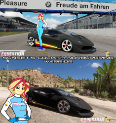 Size: 1920x2045 | Tagged: safe, artist:forzaveteranenigma, derpibooru import, sunset shimmer, fanfic:equestria motorsports, equestria girls, car, fanfic, forza horizon 5, forza motorsport 7, lamborghini, lamborghini sesto elemento, nurburgring, racing suit, supercar, watermark