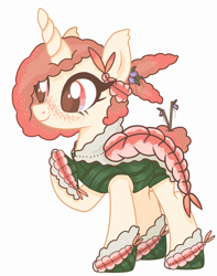 Size: 1140x1450 | Tagged: safe, artist:curiousmonarchy, derpibooru import, oc, oc only, pony, shrimp, unicorn, belt, female, food, freckles, hoof shoes, mare, raised hoof, raised leg, seaweed wrap, simple background, solo, sushi, white background