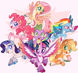 Size: 1024x957 | Tagged: safe, artist:wanderingpegasus, derpibooru import, applejack, fluttershy, pinkie pie, rainbow dash, rarity, spike, twilight sparkle, twilight sparkle (alicorn), alicorn, earth pony, pegasus, pony, unicorn, applejack's hat, chest fluff, clothes, coat markings, cowboy hat, female, freckles, hat, male, mane seven, mane six, mare, redesign, unshorn fetlocks