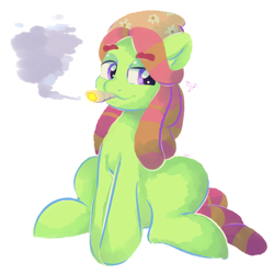 Size: 1024x1024 | Tagged: artist needed, source needed, safe, derpibooru import, tree hugger, earth pony, pony, drug use, drugs, eyebrows, eyebrows visible through hair, high, lidded eyes, purple eyes, red mane, simple background, sitting, smoke, smoking, stoned, white background