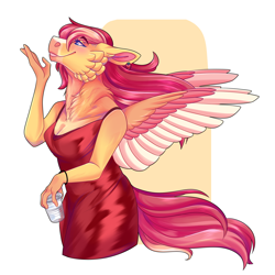 Size: 1500x1500 | Tagged: safe, artist:uunicornicc, derpibooru import, oc, oc:strawberry sunrise, anthro, pegasus, clothes, colored wings, dress, female, offspring, parent:flash sentry, parent:sunset shimmer, parents:flashimmer, solo, two toned wings, wings