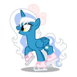 Size: 1024x1024 | Tagged: safe, artist:riofluttershy, derpibooru import, oc, oc only, oc:fleurbelle, alicorn, alicorn oc, bow, cute, female, golden eyes, hair bow, horn, ice skating, mare, simple background, solo, white background, wingding eyes, wings