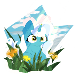 Size: 1280x1258 | Tagged: safe, artist:drylighting, derpibooru import, oc, oc:fleurbelle, alicorn, dragonfly, insect, alicorn oc, cloud, female, golden eyes, grass, horn, mare, simple background, sky, transparent background, wings