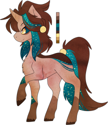 Size: 810x938 | Tagged: safe, artist:velnyx, derpibooru import, oc, oc:moirai, pony, unicorn, brown coat, chest fluff, colored sclera, golden eyes, lidded eyes, looking forward, male, raised hoof, raised leg, side view, simple background, solo, stallion, teal sclera, transparent background, two toned mane, two toned tail, unshorn fetlocks