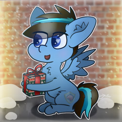 Size: 814x815 | Tagged: safe, artist:jesterpi, derpibooru import, oc, oc:iceberg skystriker, pegasus, pony, chibi, christmas, holiday, present, sitting, smiling, snow, wall, wings, winter