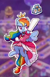 Size: 2160x3276 | Tagged: safe, artist:fipoki, derpibooru import, rainbow dash, pony, clothes, cosplay, crown, cute, dress, jewelry, mario party, mario party superstars, parody, princess peach, rainbow dash always dresses in style, regalia, smiling, solo