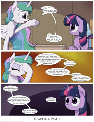 Size: 1200x1552 | Tagged: safe, artist:deusexequus, derpibooru import, princess celestia, twilight sparkle, twilight sparkle (alicorn), alicorn, pony, comic:fix, comic, duckery in the comments, eyes closed, facepalm, speech bubble