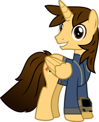 Size: 4000x4920 | Tagged: safe, artist:ponygamer2020, derpibooru import, oc, oc only, oc:ej, alicorn, pony, fallout equestria, absurd resolution, clothes, fallout, horn, jumpsuit, looking at you, male, pipboy, ponytail, simple background, smiling, smiling at you, solo, stallion, tail, transparent background, vault suit, vector, wings