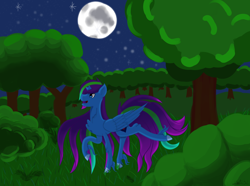 Size: 3288x2447 | Tagged: safe, derpibooru import, oc, oc:blue pure, alicorn, pony, bangs, blue eyes, blue fur, broken horn, bush, fern, forest, grass, green hair, horn, moon, night, purple hair, smiling, solo, tree, wings