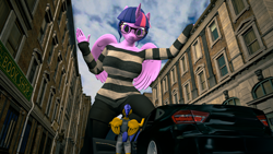 Size: 2560x1440 | Tagged: safe, artist:arcanetesla, derpibooru import, flash sentry, twilight sparkle, alicorn, anthro, pegasus, 3d, breasts, female, flashlight, giant anthro, giantess, macro, male, shipping, size difference, smaller male, source filmmaker, straight