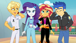 Size: 1280x721 | Tagged: safe, artist:themexicanpunisher, derpibooru import, flash sentry, ragamuffin (equestria girls), rarity, sunset shimmer, better together, equestria girls, double date, female, flashimmer, male, rarimuffin, shipping, straight