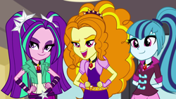Size: 1280x720 | Tagged: safe, derpibooru import, screencap, adagio dazzle, aria blaze, sonata dusk, equestria girls, rainbow rocks, amulet, arm behind back, clothes, female, gem, hand on hip, jewelry, necklace, open mouth, open smile, pigtails, ponytail, siren gem, smiling, the dazzlings, trio, trio female