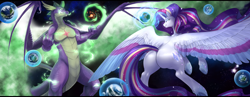 Size: 4500x1750 | Tagged: safe, artist:nsfwbonbon, derpibooru import, rarity, spike, alicorn, dragon, pony, unicorn, absurd resolution, adult, adult spike, alicornified, ascension enhancement, butt, claws, ethereal wings, female, frog (hoof), giant pony, giant rarity, giant unicorn, giantess, glowing, glowing eyes, glowing horn, gradient eyes, horn, large butt, large wings, lip bite, macro, magic, male, married couple, mega giant, mega rarity, mega spike, older, older spike, planet, pony bigger than a planet, race swap, rainbow power, raricorn, runes, scales, shipping, smiling, smirk, space, sparity, story included, straight, underhoof, wide hips, wing claws, winged spike, wings