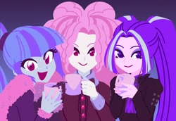 Size: 1164x800 | Tagged: safe, artist:rileyav, derpibooru import, adagio dazzle, aria blaze, sonata dusk, equestria girls, adoragio, ariabetes, clothes, color palette, cute, female, happy, looking at you, mug, open mouth, open smile, smiling, sonatabetes, the dazzlings, winter outfit