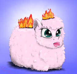 Size: 1500x1444 | Tagged: safe, artist:chopsticks, derpibooru import, oc, oc only, oc:fluffle puff, earth pony, pony, burning, cute, female, fire, lying, mare, on fire, ponyloaf, prone, simple background, solo, spitting