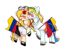 Size: 1000x800 | Tagged: safe, artist:valkiria, derpibooru import, oc, oc only, oc:isabella blend, oc:valencia vineyard, pony, 2022 community collab, :p, blushing, clothes, colombia, derpibooru community collaboration, dress, duo, ear piercing, earring, eyes closed, face paint, female, flag, flats, flower, flower in hair, hat, hoof shoes, jewelry, kiss on the cheek, kissing, lesbian, lesbian pride flag, mare, multicolored hair, oc x oc, piercing, pride, pride flag, raised hoof, raised leg, shipping, shirt, shoes, simple background, skirt, tongue, tongue out, transparent background, venezuela