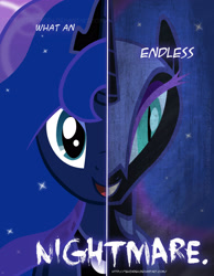 Size: 2158x2780 | Tagged: safe, artist:tehjadeh, derpibooru import, nightmare moon, princess luna, alicorn, pony, 2011, dual persona, dual personality, female, high res, mare, multiple heads, poster, slit eyes, two heads, two sided posters