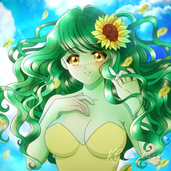 Size: 900x900 | Tagged: safe, artist:kgfantasy, derpibooru import, wallflower blush, equestria girls, 90s anime, anime style, bare shoulders, beautiful, breasts, cute, flower, flower in hair, freckles, looking at you, sleeveless, strapless, sunflower, wallflower and plants