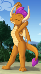 Size: 1239x2210 | Tagged: safe, artist:sirzi, derpibooru import, edit, smolder, dragon, cropped, cute, dragoness, eyes closed, female, smiling, smolderbetes, solo, stretching, stupid sexy smolder