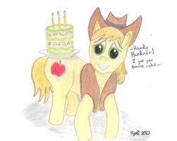 Size: 1345x1070 | Tagged: safe, derpibooru import, braeburn, earth pony, birthday, cake, food, looking at you, smiling, traditional art