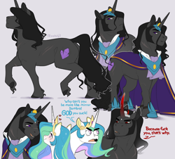 Size: 1100x996 | Tagged: safe, artist:evehly, derpibooru import, king sombra, princess celestia, alicorn, pony, unicorn, celestibra, clothes, collar, cravat, crown, dialogue, eye contact, female, frown, good king sombra, heart, jewelry, looking at each other, male, mare, meme, peytral, regalia, robe, ship:celestibra, shipping, shoes, smiling, sombra horn, sombra's cutie mark, special eyes, stallion, straight, stupid sexy sombra, tiara, vulgar