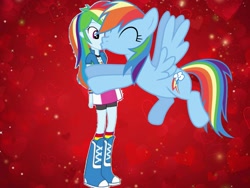 Size: 1440x1080 | Tagged: safe, derpibooru import, rainbow dash, human, pegasus, pony, equestria girls, 1000 hours in ms paint, dashdash, female, lesbian, red background, self ponidox, selfcest, shipping, simple background