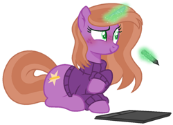 Size: 1024x741 | Tagged: safe, artist:leanne264, derpibooru import, oc, oc only, pony, unicorn, female, horn, lying down, magic, mare, prone, simple background, solo, table, transparent background, unicorn oc